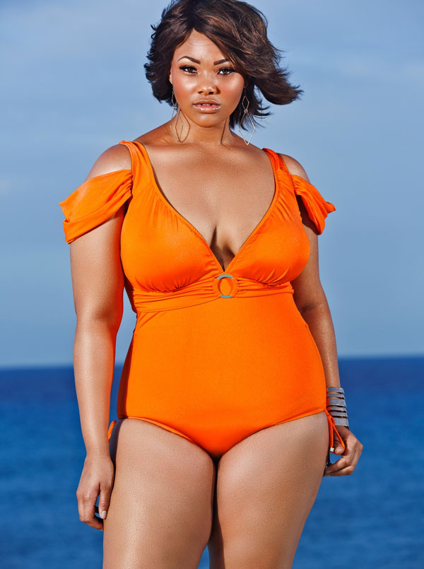 This bright orange swimsuit with peek-a-boo shoulders is from Monif C.