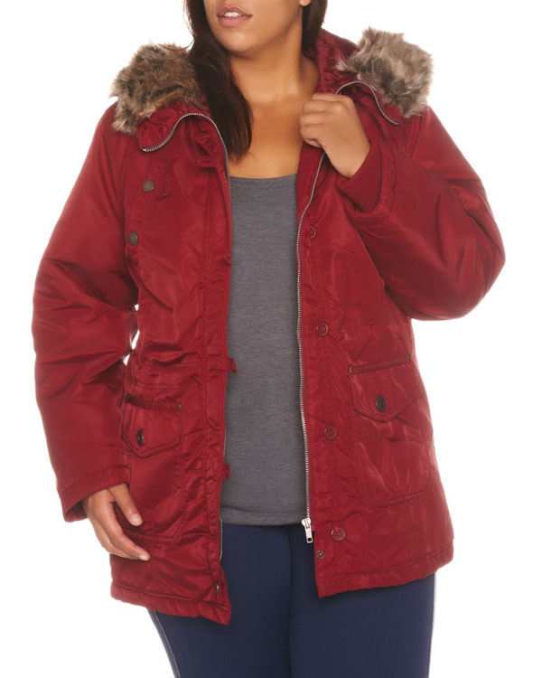 Red winter coat with faux fur lining hood.