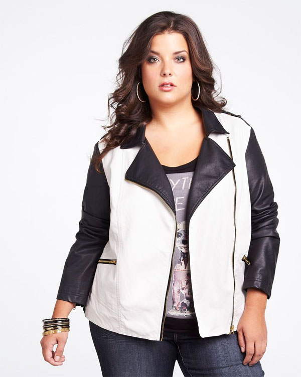 Two tone black and white faux leather jacket is from Addition-Elle.