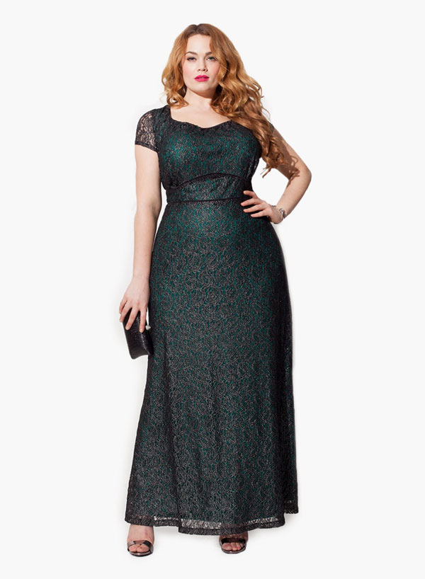The plus size Thalia gown from Igigi is a beautiful black overlay on jade.