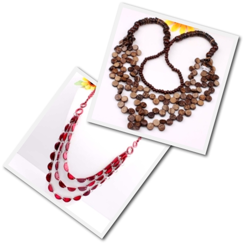 long colorful necklaces made from coconut beads