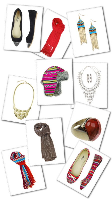 A sample of scarves, earrings, necklaces, rings, and flats from Ardene.